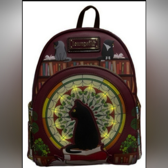 Loungefly Handbags - Loungefly Light Up Stained Glass Black Cat Library Bam Exclusive Mini Backpack